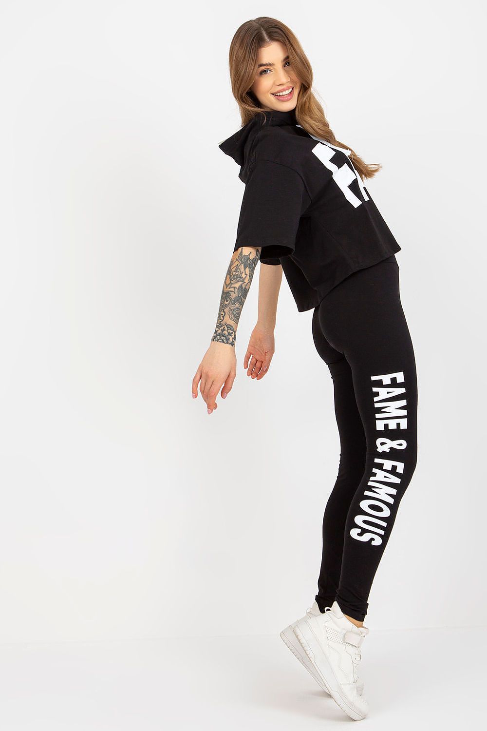 Ex Moda Women's Cotton Sweatshirt And Leggings Set With Hood And Decorative Inscriptions