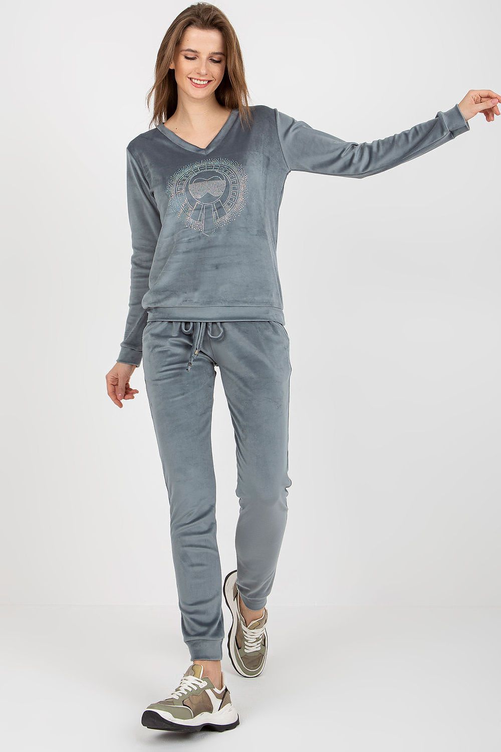 Luxury Velour Blouse And Pants Set With Heart Neckline And Tie Waist - Elegant Comfort