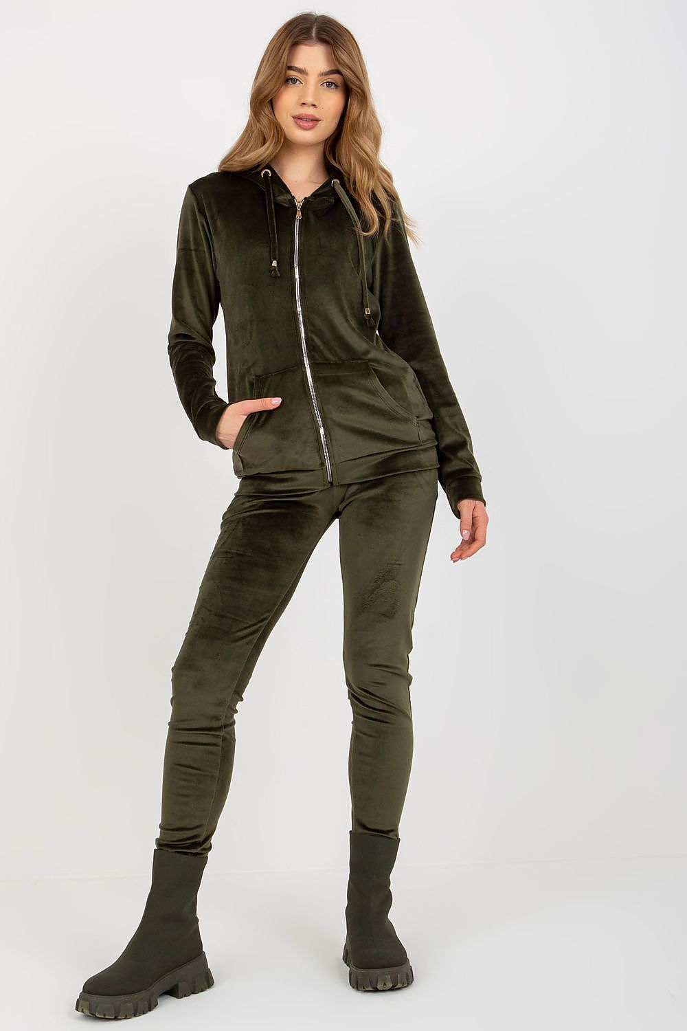 Luxurious Velour Loungewear Set: Hooded Sweatshirt & Long Pants with Pockets