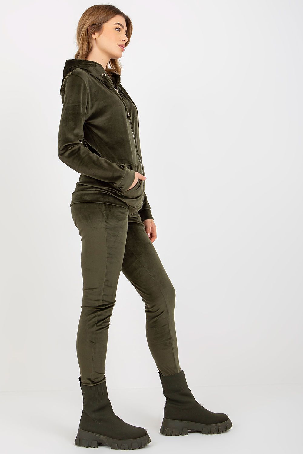 Luxurious Velour Loungewear Set: Hooded Sweatshirt & Long Pants with Pockets