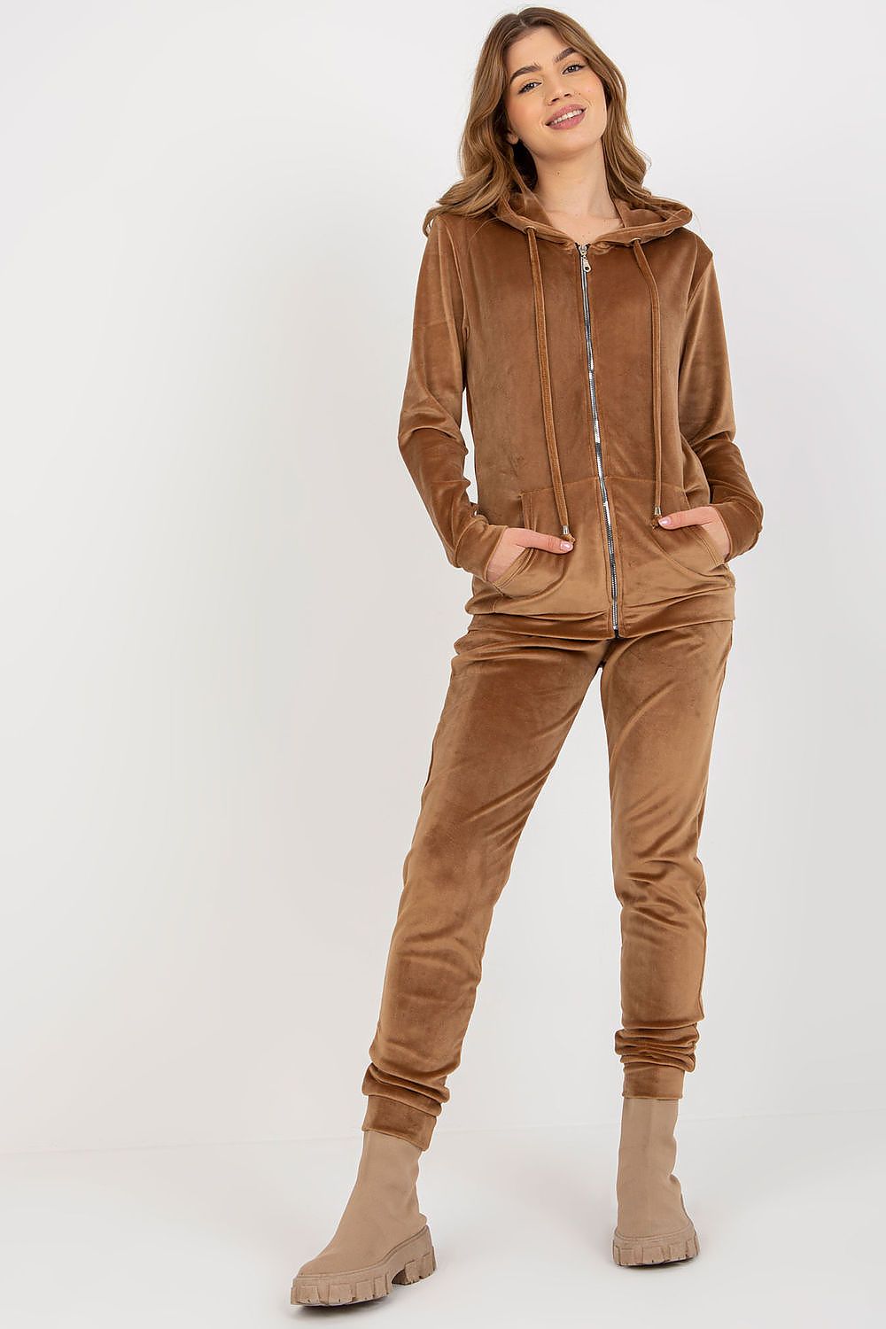 Luxurious Velour Loungewear Set: Hooded Sweatshirt & Long Pants with Pockets