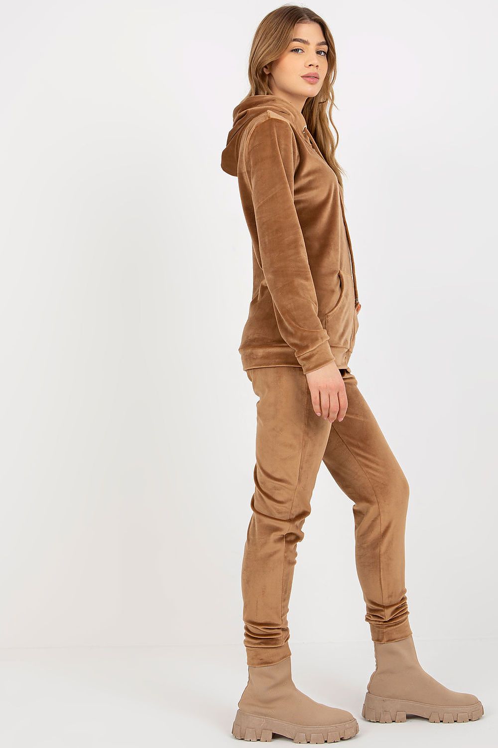 Luxurious Velour Loungewear Set: Hooded Sweatshirt & Long Pants with Pockets