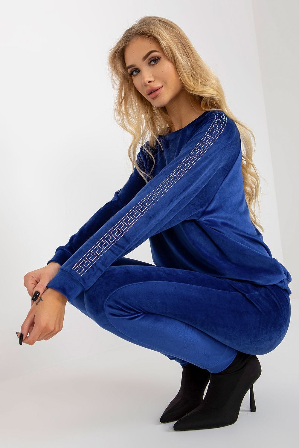 Elegant Velour Set with Rhinestone Sleeves, Blouse and Long Pants for Sophisticated Style