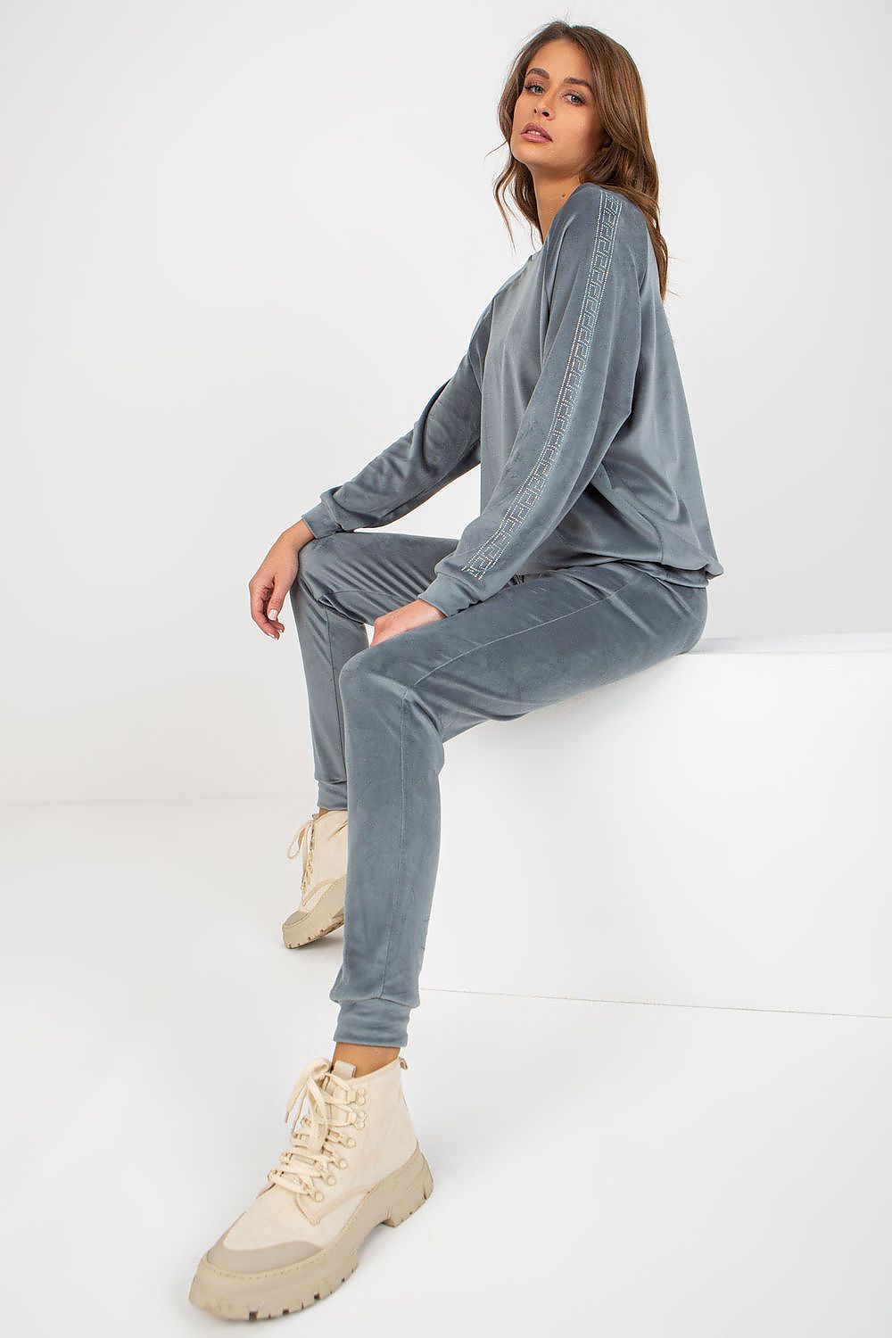 Elegant Velour Set with Rhinestone Sleeves, Blouse and Long Pants for Sophisticated Style