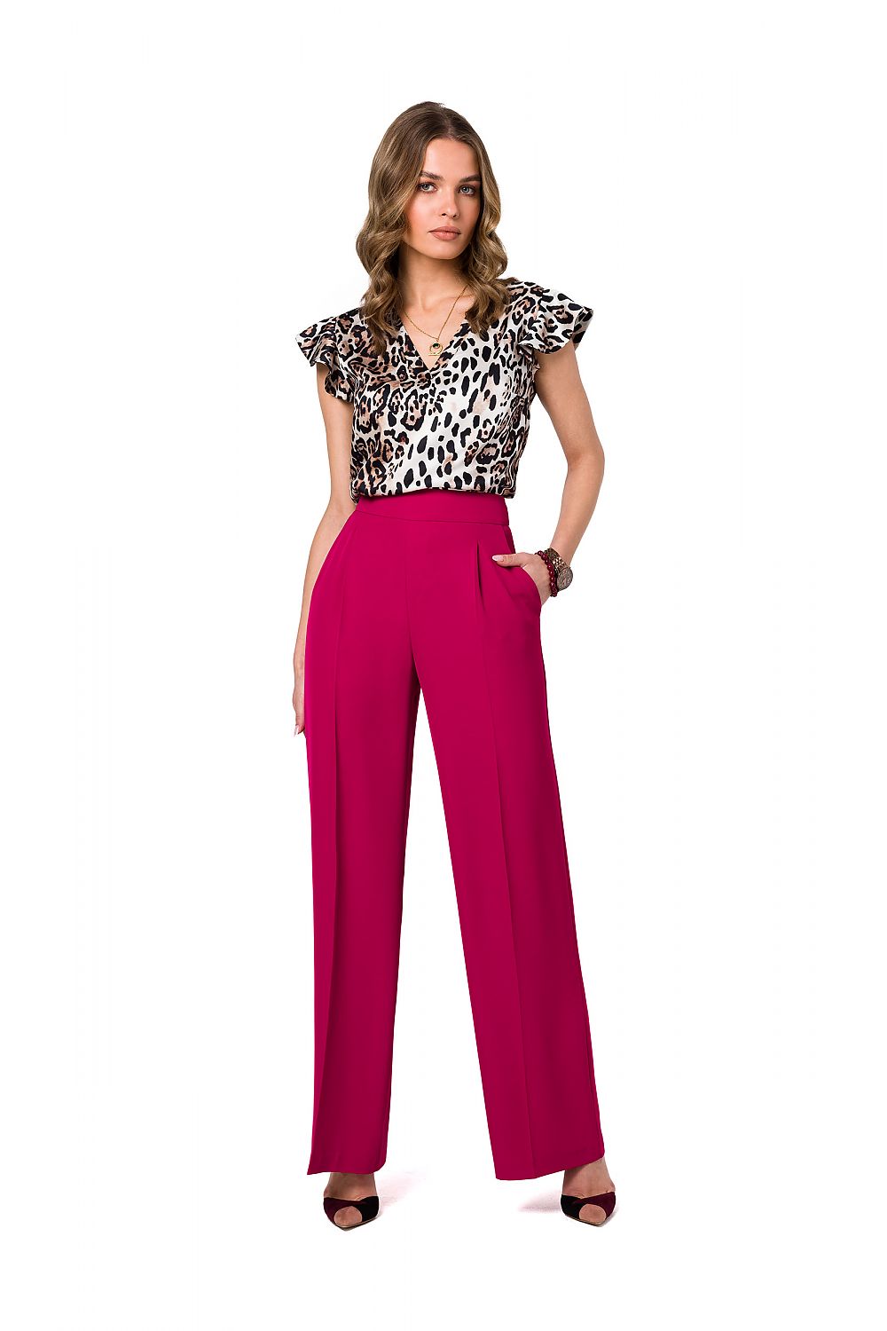 Stylove Printed Satin Blouse with V Neckline and Ruffle Sleeves - Mismatched Cut