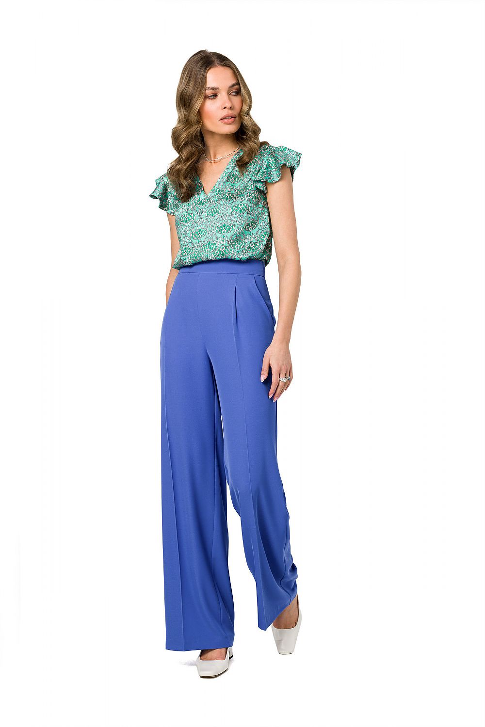 Stylove Printed Satin Blouse with V Neckline and Ruffle Sleeves - Mismatched Cut