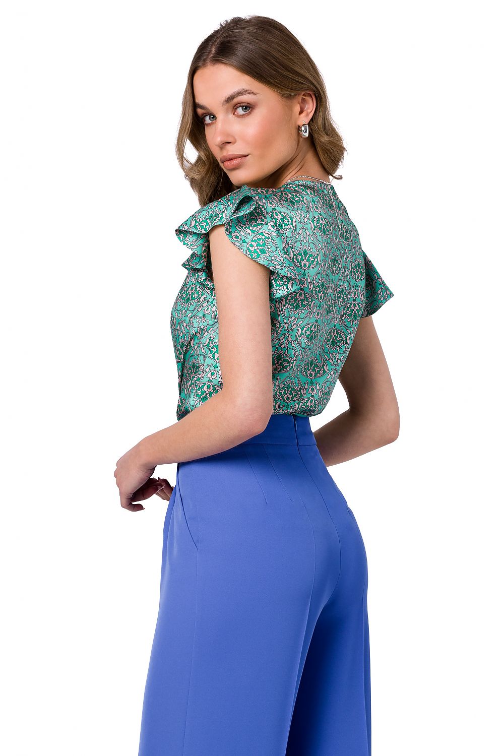 Stylove Printed Satin Blouse with V Neckline and Ruffle Sleeves - Mismatched Cut