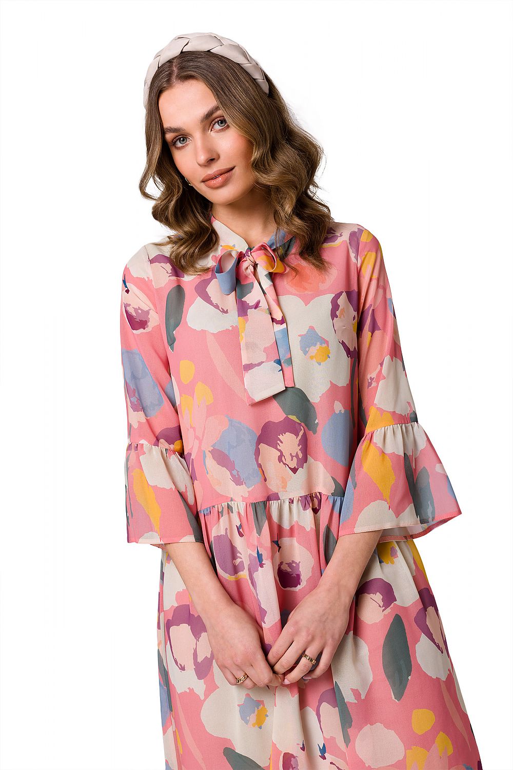 Stylove Ethereal Chiffon Daydress with Tie Neckline and Elbow-Length Sleeves