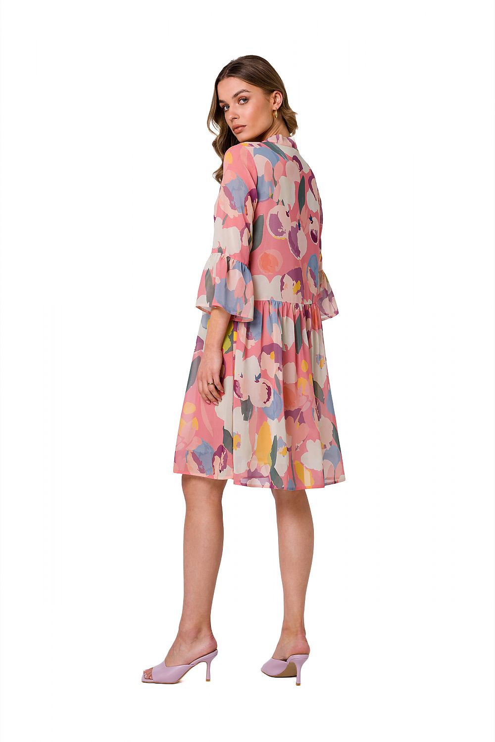 Stylove Ethereal Chiffon Daydress with Tie Neckline and Elbow-Length Sleeves
