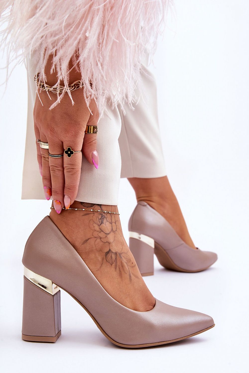 Elegant 9Cm Block Heel Pumps in Natural Leather with Unique Heel Detail by Lewski Shoes