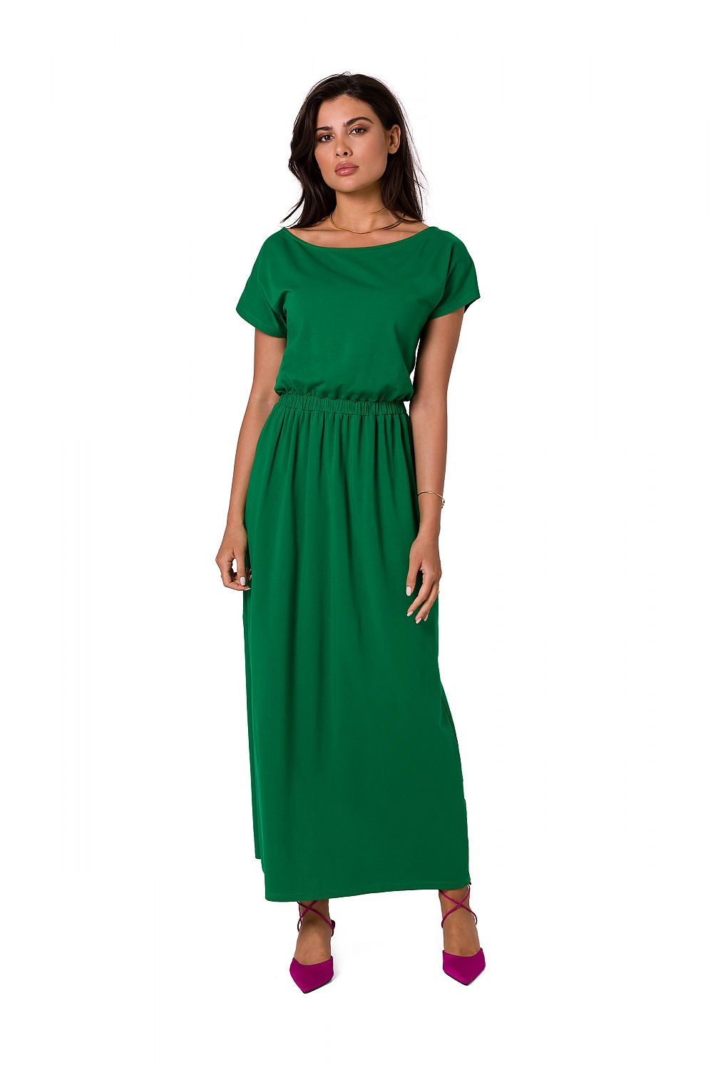 BeWear Cotton Maxi Dress with Asymmetrical Neckline and Elastic Waistband