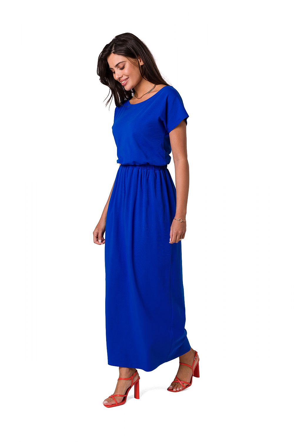 BeWear Cotton Maxi Dress with Asymmetrical Neckline and Elastic Waistband