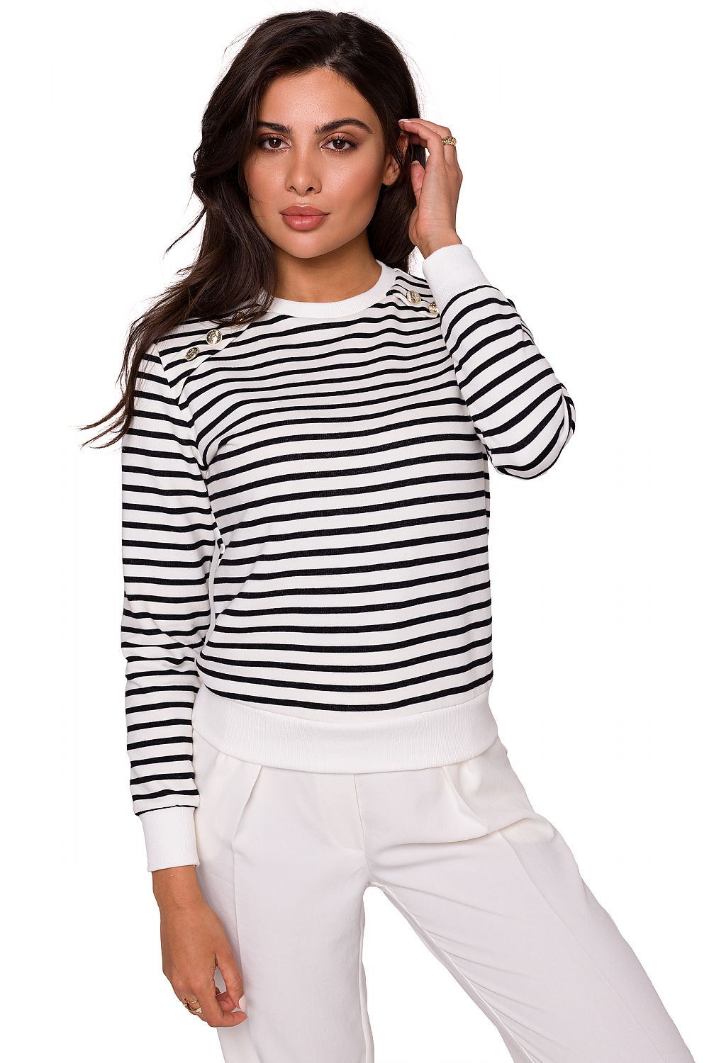 Navy Striped Cotton Knit Sweatshirt with Gold Buttons by BeWear - Sporty Elegance in Style