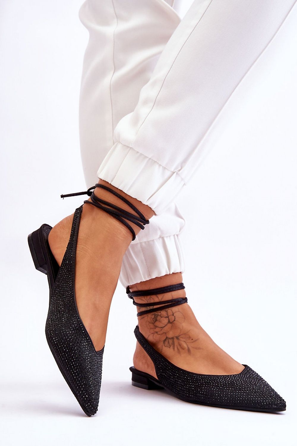 Luxury Rhinestone-Embellished Strappy Ballerina Flats with Open Heel - Comfortable Eco Leather Insole