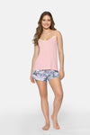 Babella Primavera Women's Pyjama Set in Apricot Pink with Floral Shorts and Lace Detail