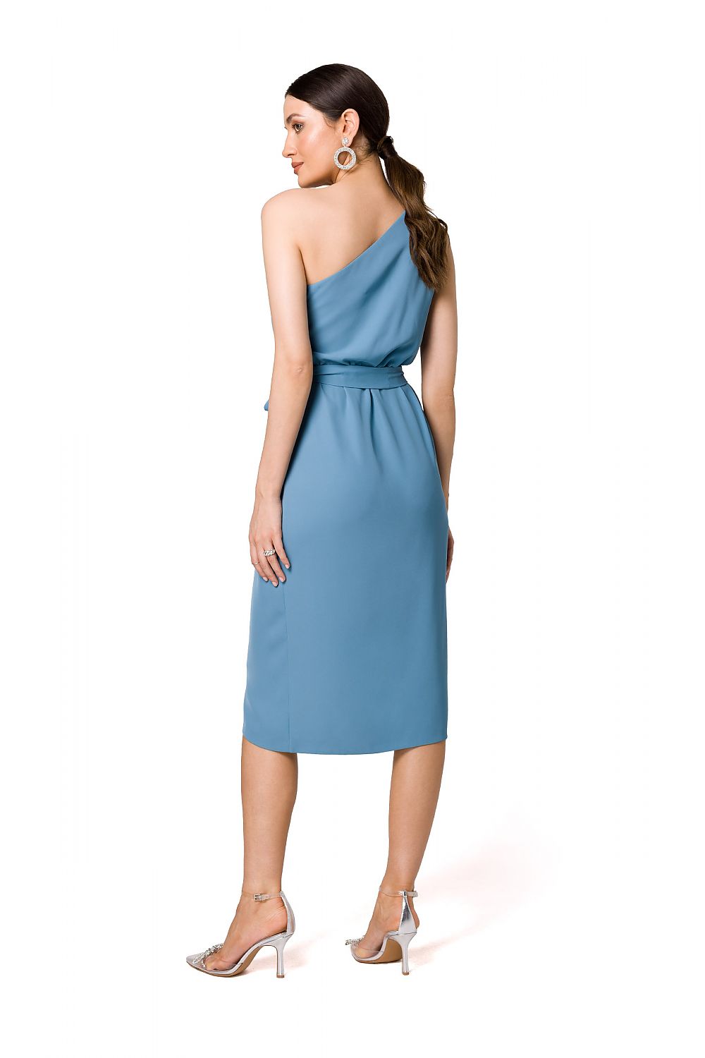 Elegant One-Shoulder Cocktail Dress with Draped Detailing and Belt by Makover