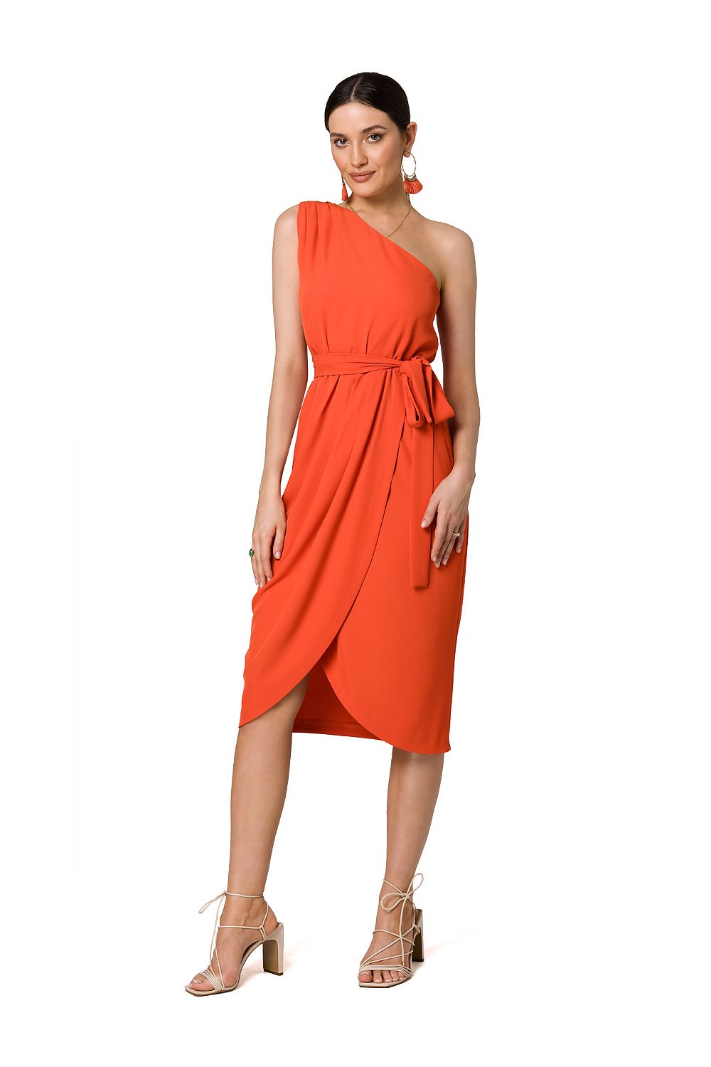 Elegant One-Shoulder Cocktail Dress with Draped Detailing and Belt by Makover