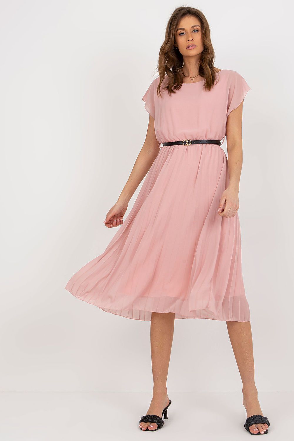 Elegant Italy Moda Cocktail Dress with Pleated Skirt and Black Belt for Formal Events