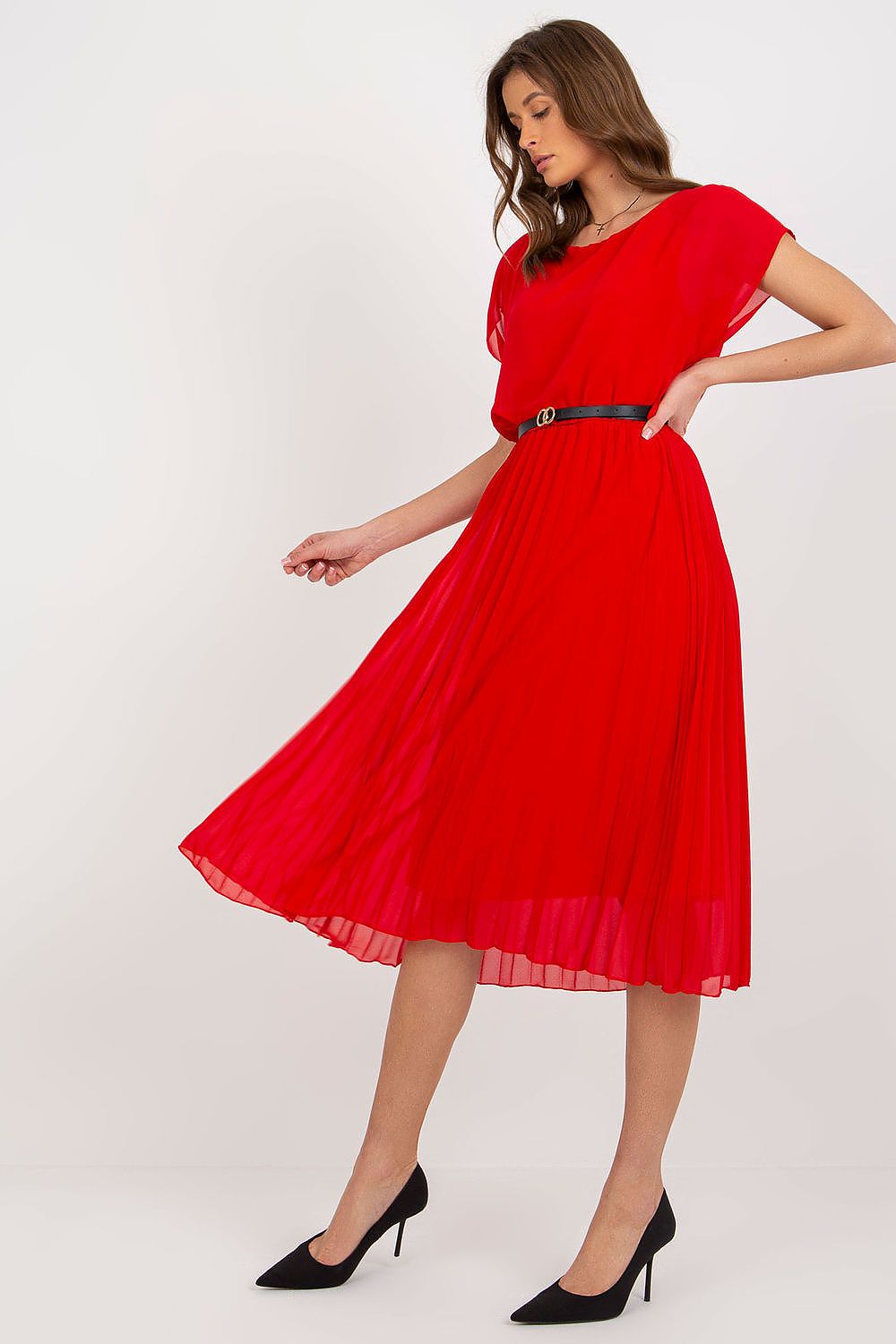 Elegant Italy Moda Cocktail Dress with Pleated Skirt and Black Belt for Formal Events