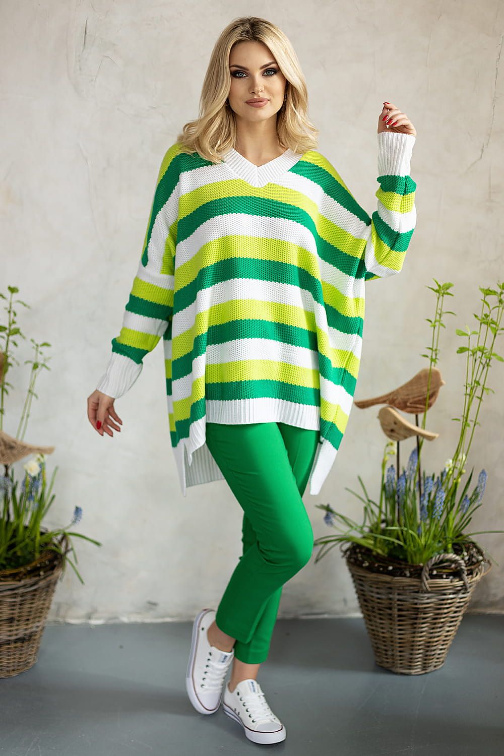 Elegant Loose-Fitting Acrylic Sweater With Heart Neckline And Colourful Stripes