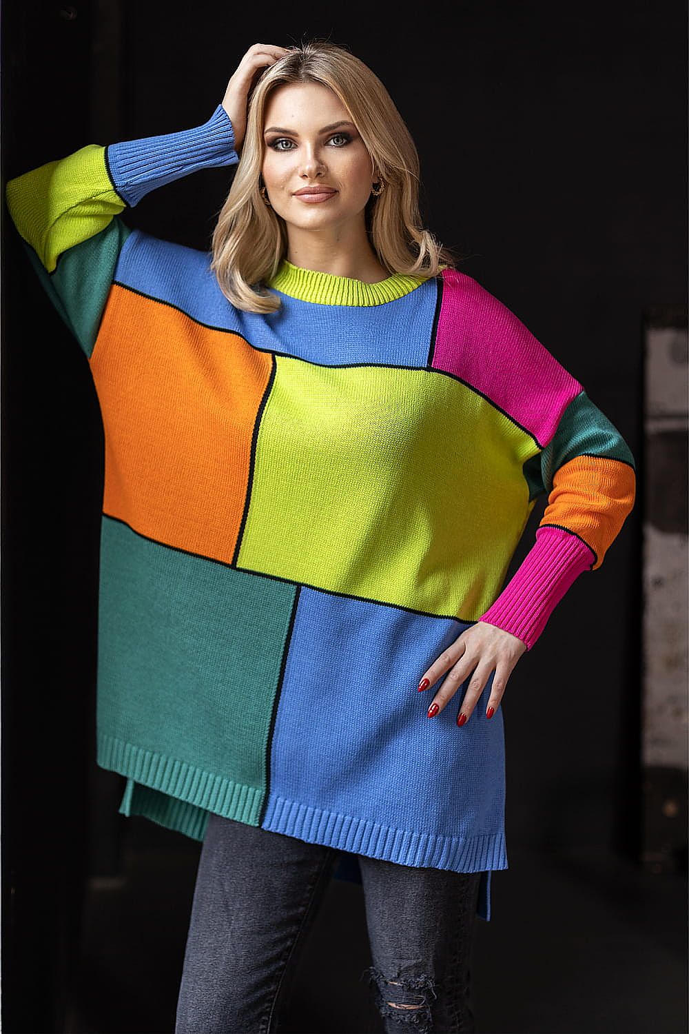 PeeKaBoo Colour Block Loose-Fitting Sweater with Long Sleeves – Elegant Acrylic and Cotton Blend