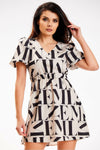 Beige Crepe Mini Dress with Heart-Shaped Neckline and Elastic Waistband by Awama