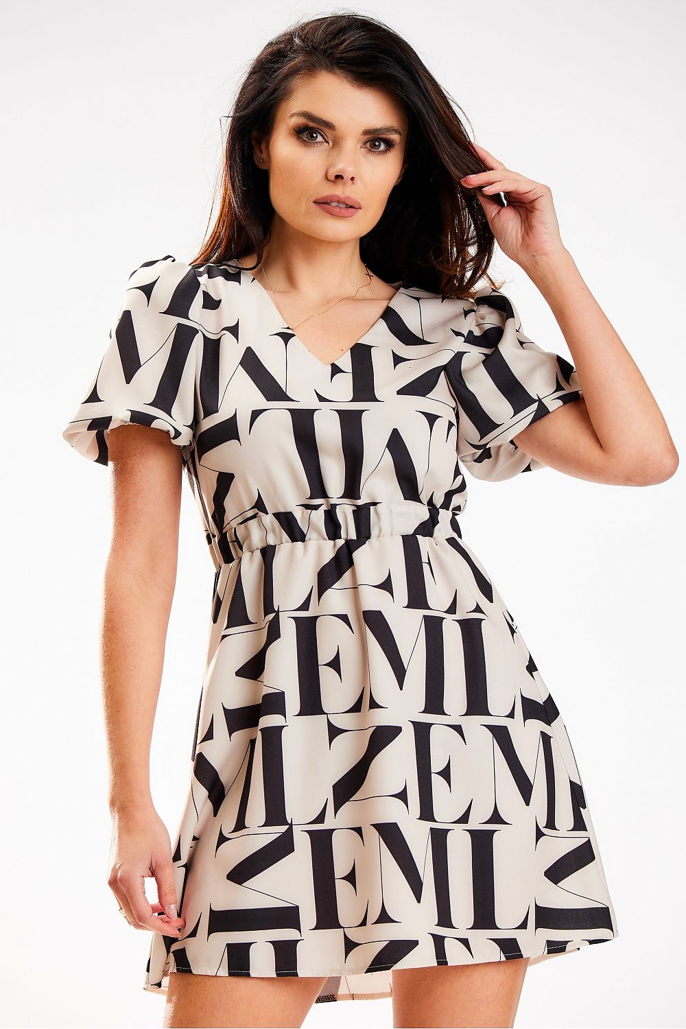 Beige Crepe Mini Dress with Heart-Shaped Neckline and Elastic Waistband by Awama