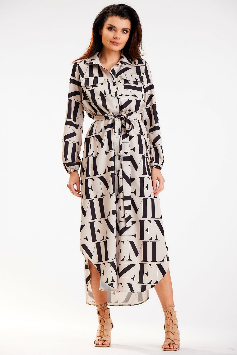 Elegant Awama Shirt Maxi Dress with Pockets and Belt - Customizable Fit, Long Sleeves, Made in Poland