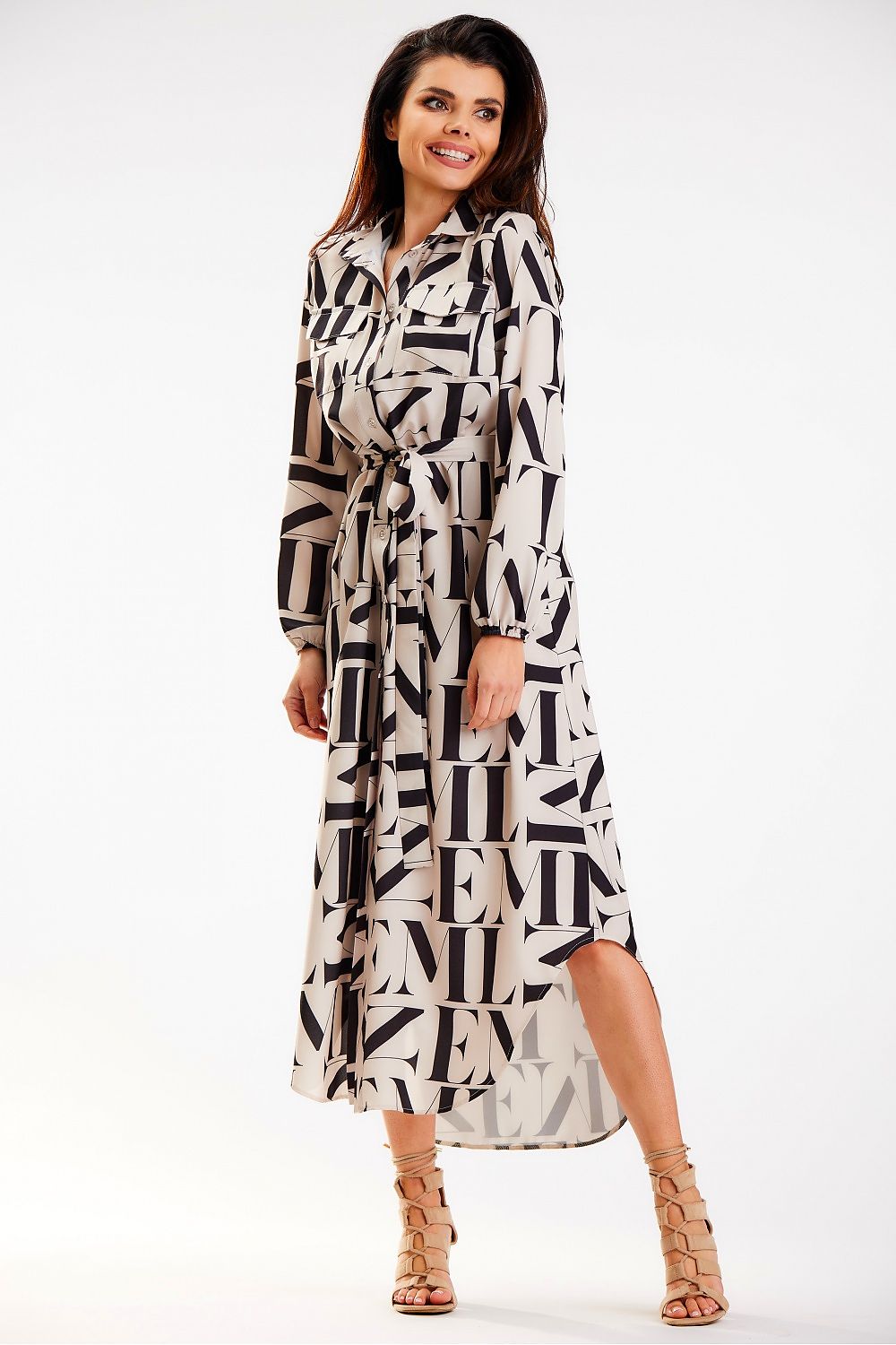 Elegant Awama Shirt Maxi Dress with Pockets and Belt - Customizable Fit, Long Sleeves, Made in Poland