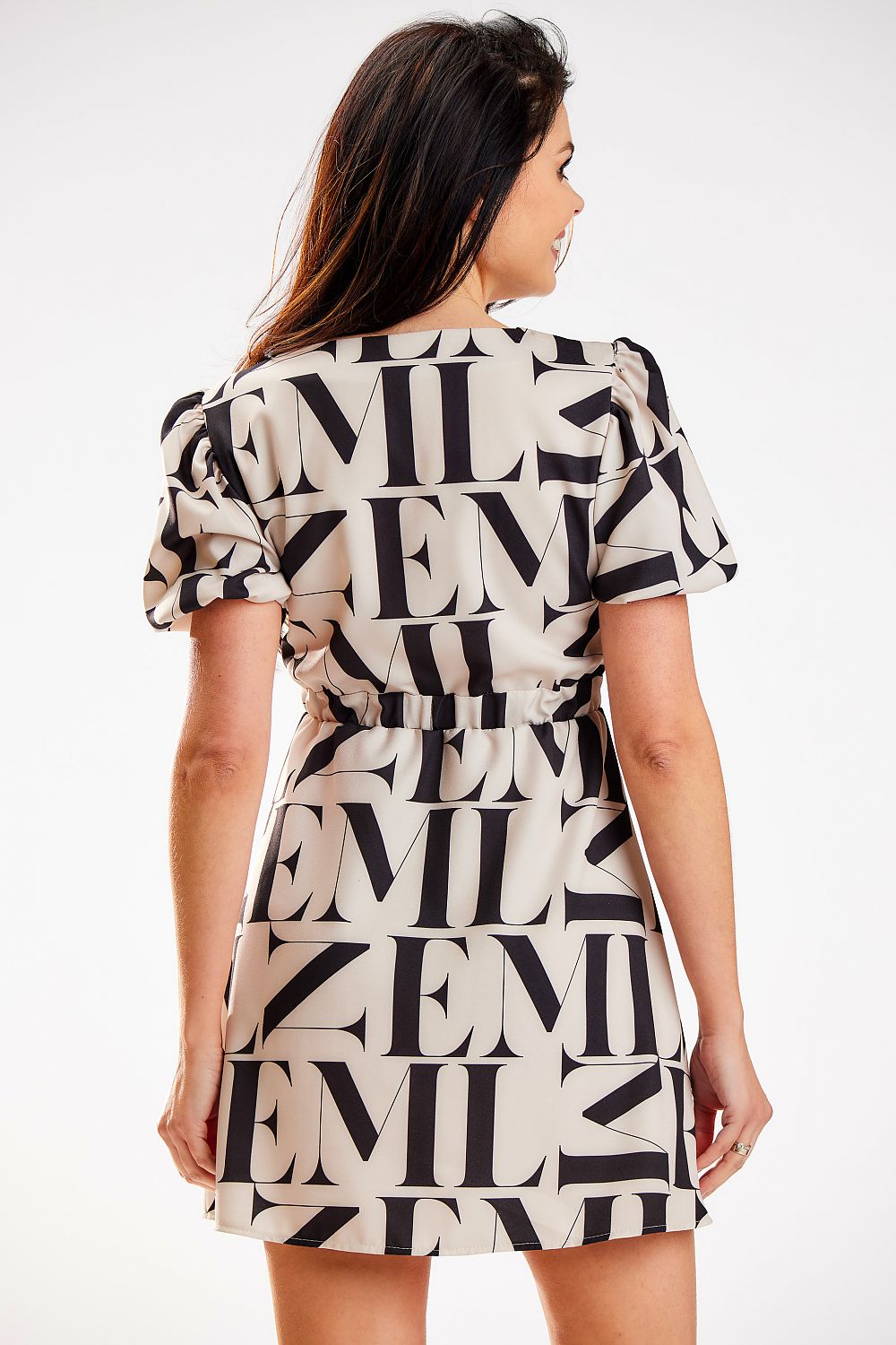 Beige Crepe Mini Dress with Heart-Shaped Neckline and Elastic Waistband by Awama