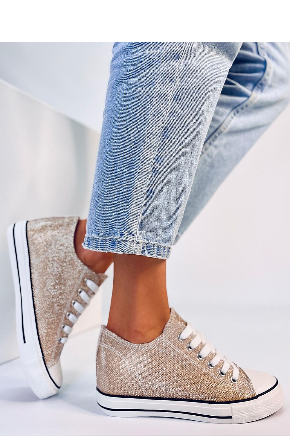 Gold Iridescent Women's Sneakers with 5cm Heel, Anchor Design, High-Top Fabric Shoes for Stylish Comfort Inello