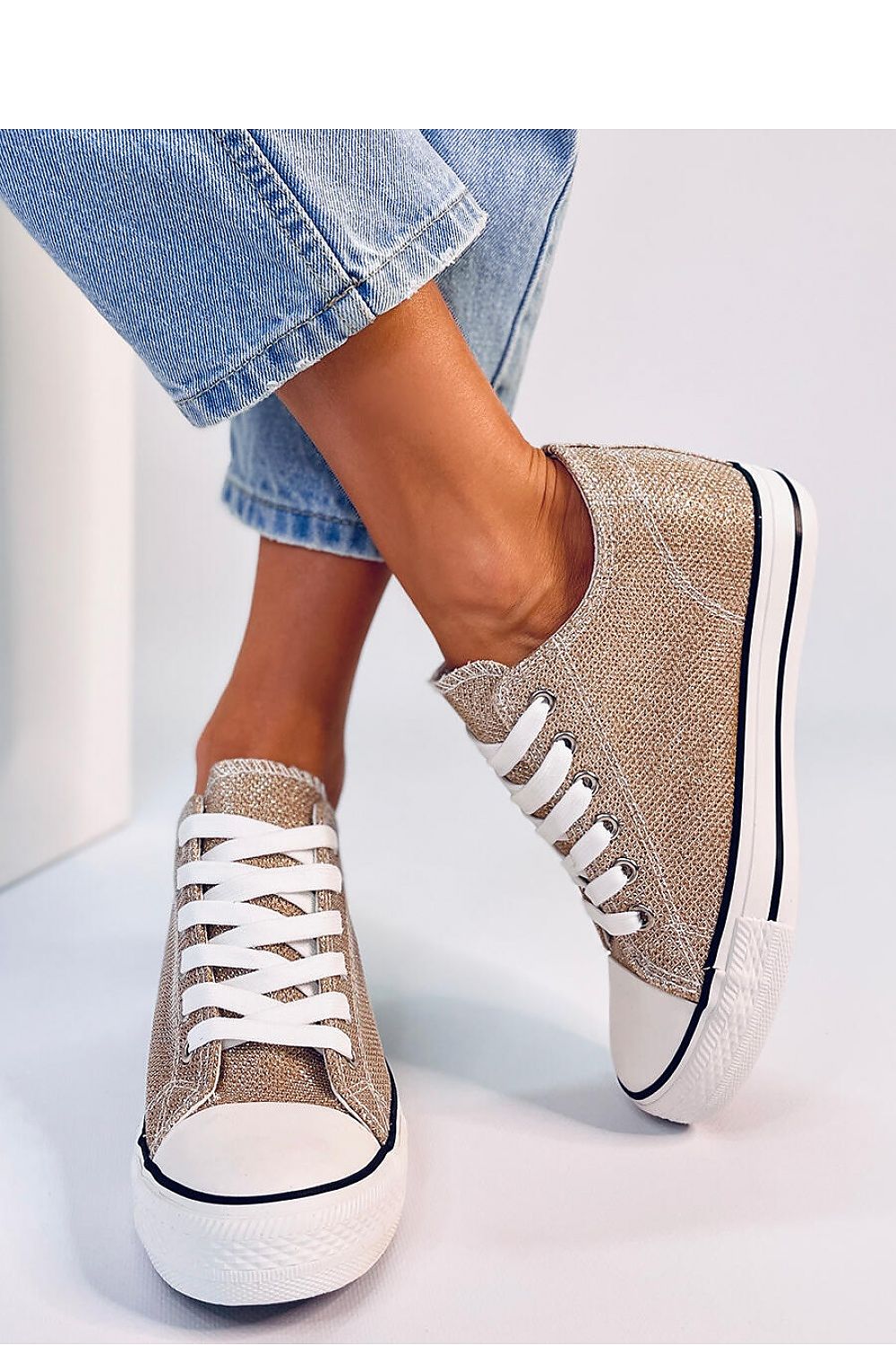 Gold Iridescent Women's Sneakers with 5cm Heel, Anchor Design, High-Top Fabric Shoes for Stylish Comfort Inello