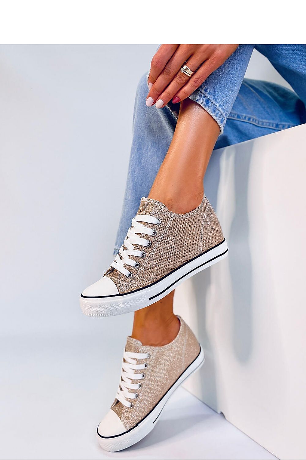Gold Iridescent Women's Sneakers with 5cm Heel, Anchor Design, High-Top Fabric Shoes for Stylish Comfort Inello