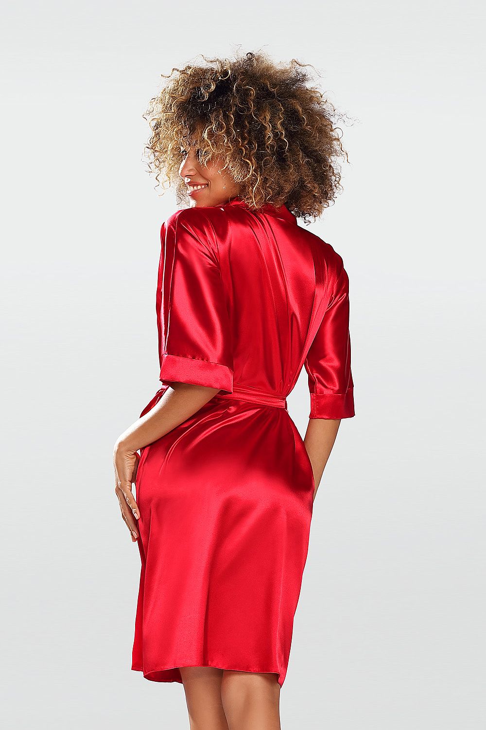 DKaren Short-Sleeved Satin Bathrobe - Elegant Comfort Fit with Waist Tie