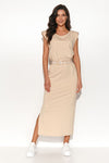 Elegant Long Numinou Dress with Slit, Belt, and Short Padded Sleeves - Versatile Casual Fashion