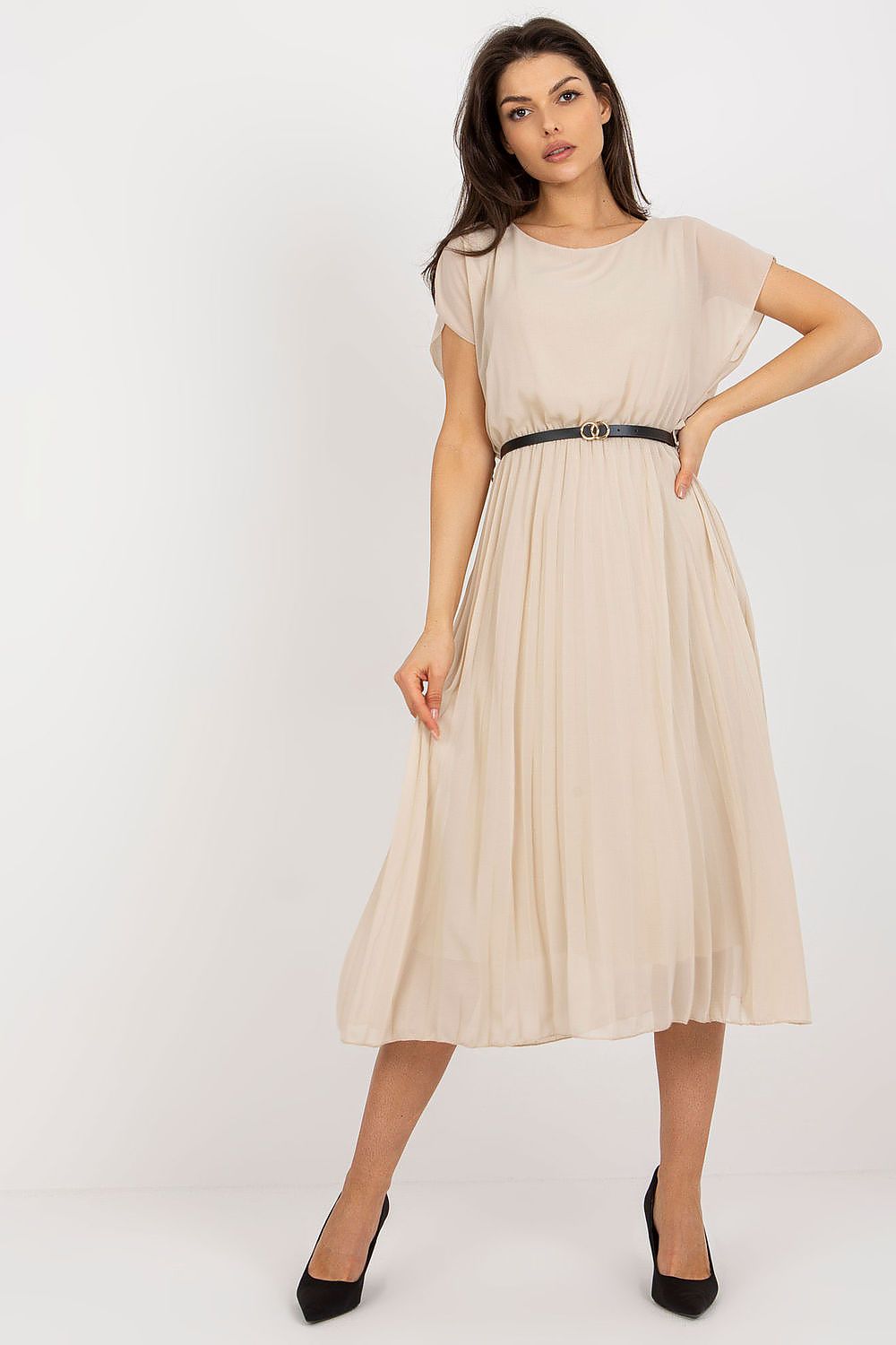 Elegant Italy Moda Cocktail Dress with Pleated Skirt and Black Belt for Formal Events