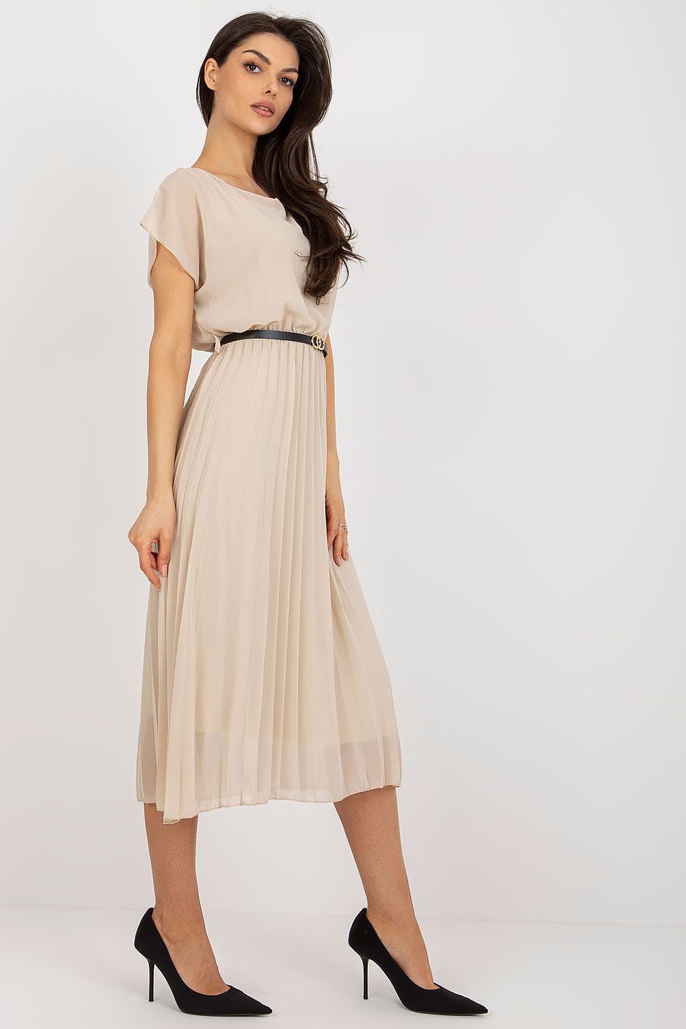 Elegant Italy Moda Cocktail Dress with Pleated Skirt and Black Belt for Formal Events