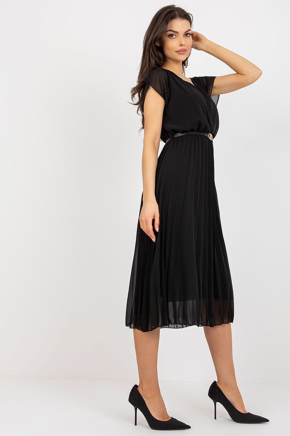 Elegant Italy Moda Cocktail Dress with Pleated Skirt and Black Belt for Formal Events