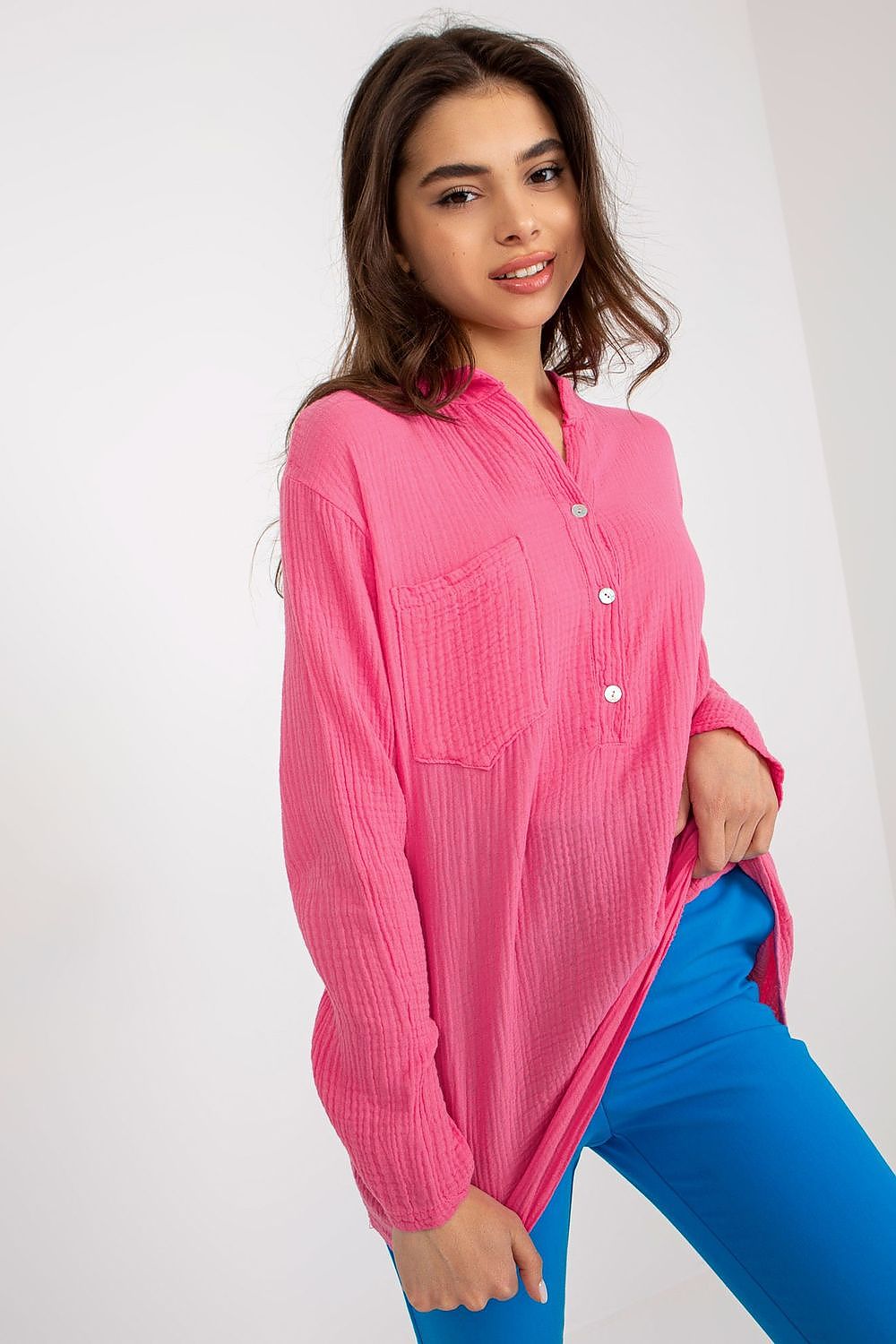 Och Bella Cotton Muslin Blouse with V-Neck, Long Sleeves and Front Pocket – Elegant Loose Fit