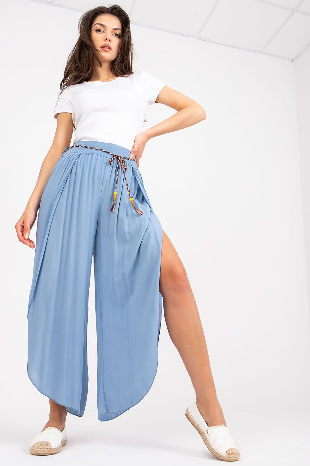 Och Bella Women's High-Waist Trousers with Decorative Waist Tie - Airy Viscose Style