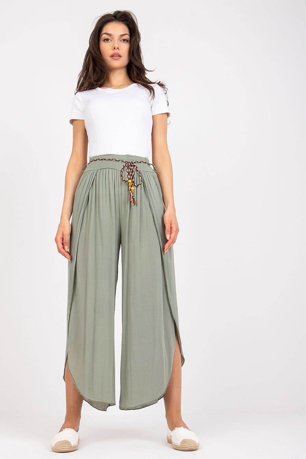 Och Bella Women's High-Waist Trousers with Decorative Waist Tie - Airy Viscose Style