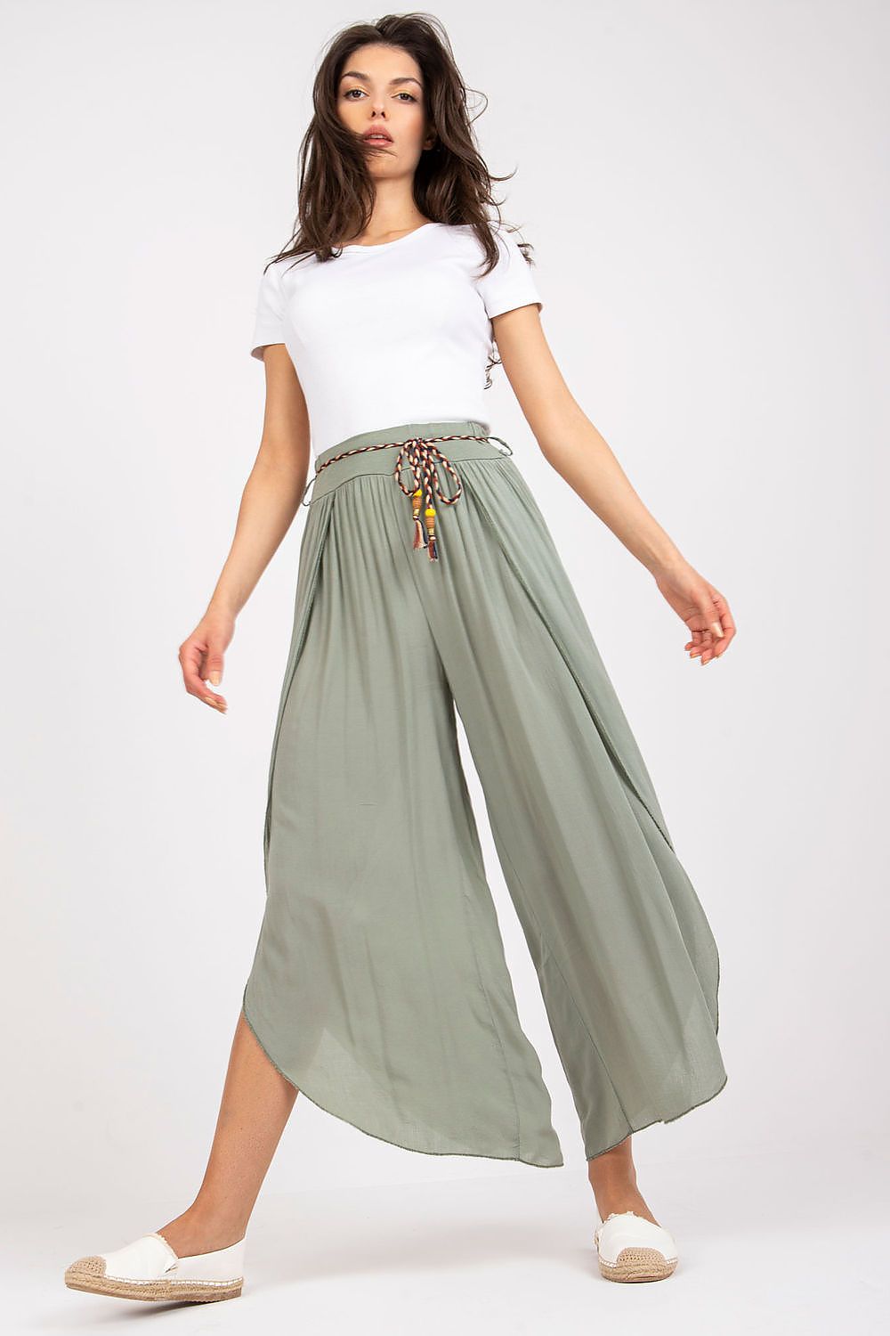 Och Bella Women's High-Waist Trousers with Decorative Waist Tie - Airy Viscose Style