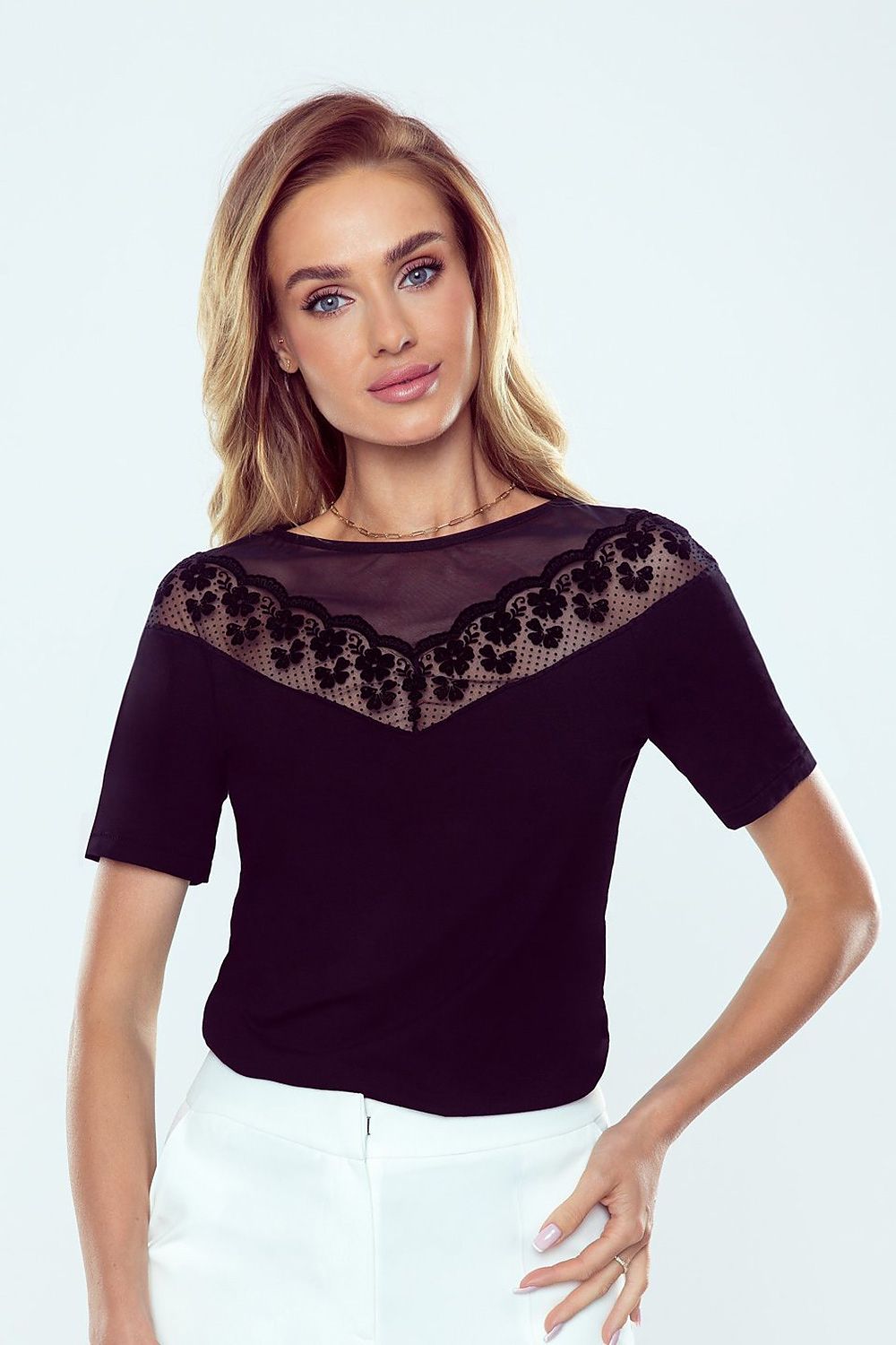 Eldar Elegant Short-Sleeve Blouse with Transparent Tulle and Lace Neckline - Made in Poland