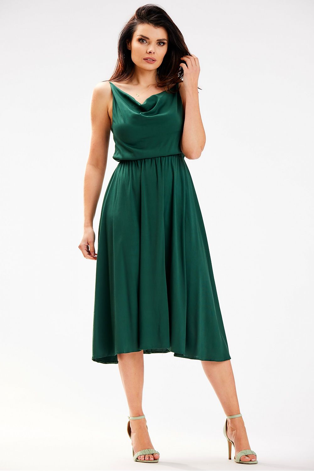 Elegant Awama Midi Dress with Crinkled Neckline and Elastic Waistband - Made in Poland