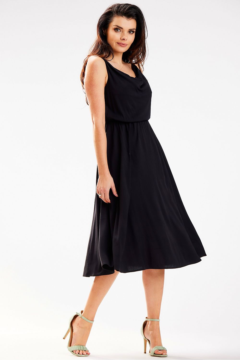 Elegant Awama Midi Dress with Crinkled Neckline and Elastic Waistband - Made in Poland