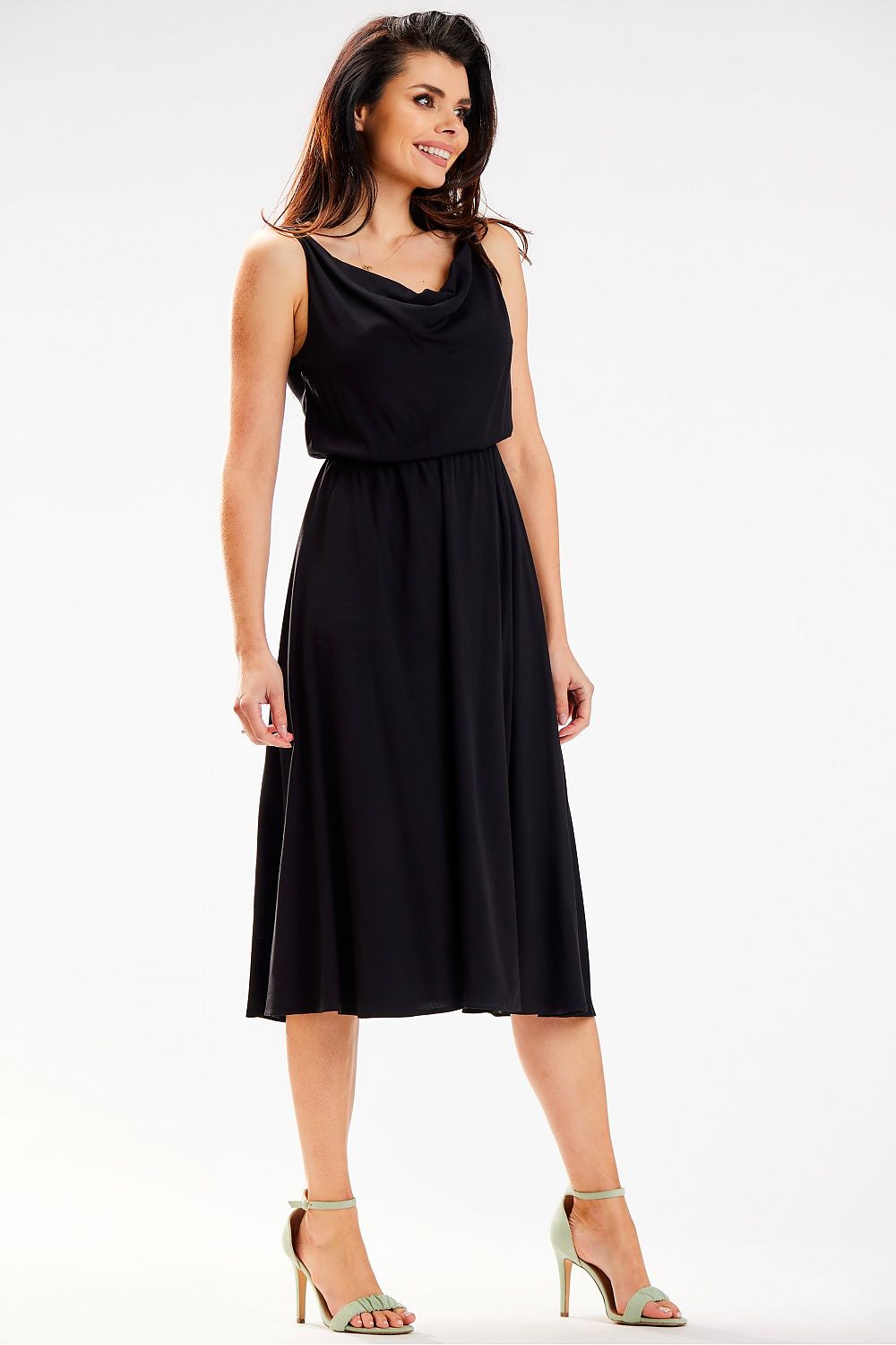 Elegant Awama Midi Dress with Crinkled Neckline and Elastic Waistband - Made in Poland