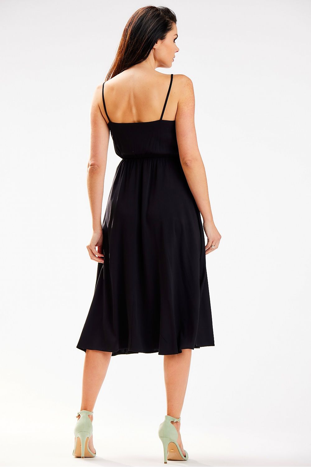 Elegant Awama Midi Dress with Crinkled Neckline and Elastic Waistband - Made in Poland