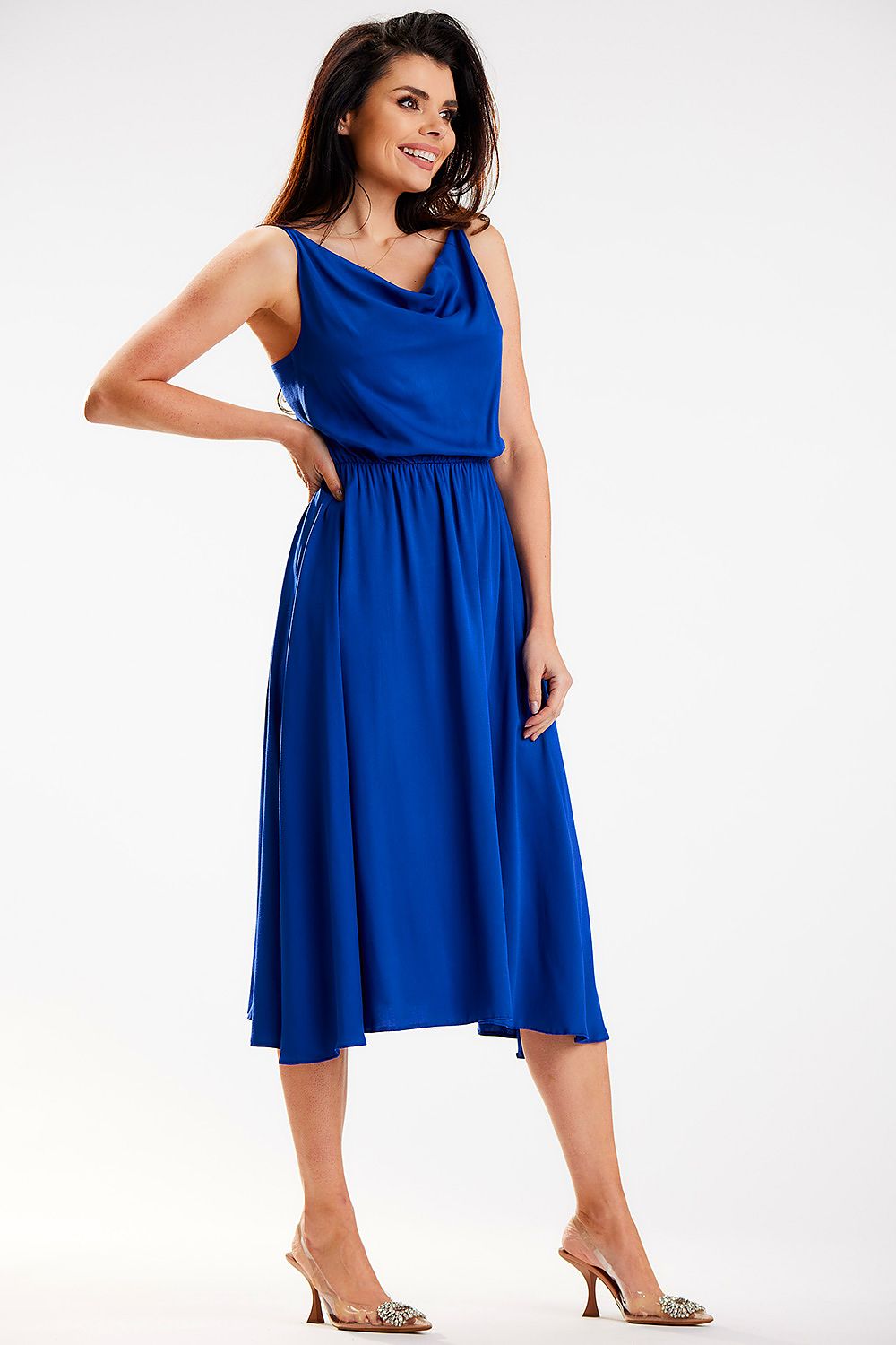 Elegant Awama Midi Dress with Crinkled Neckline and Elastic Waistband - Made in Poland