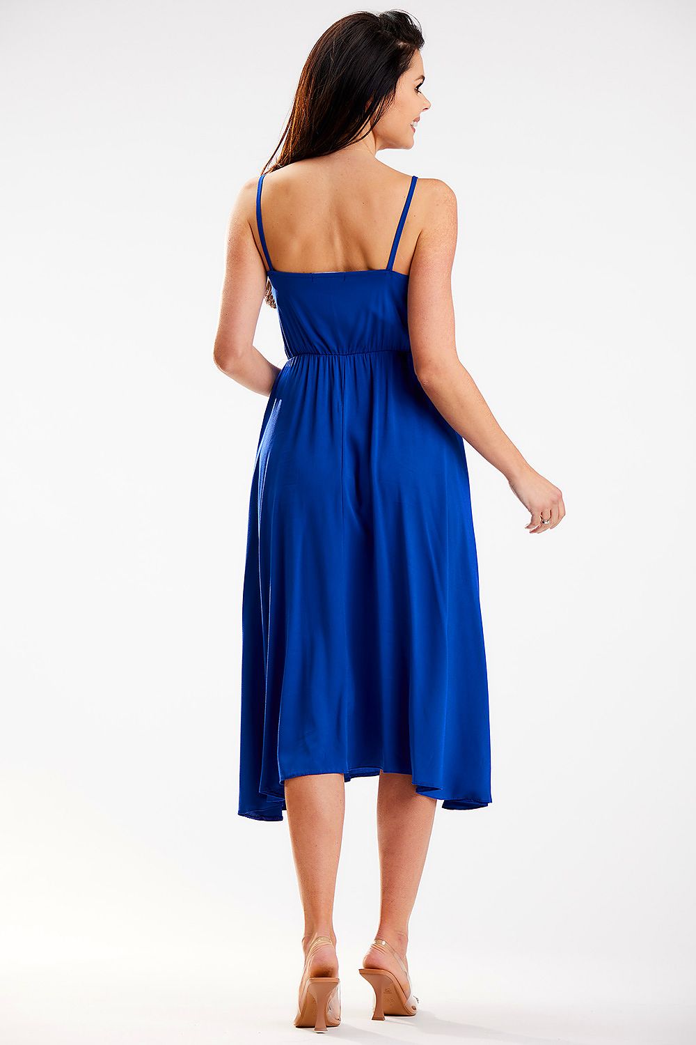 Elegant Awama Midi Dress with Crinkled Neckline and Elastic Waistband - Made in Poland