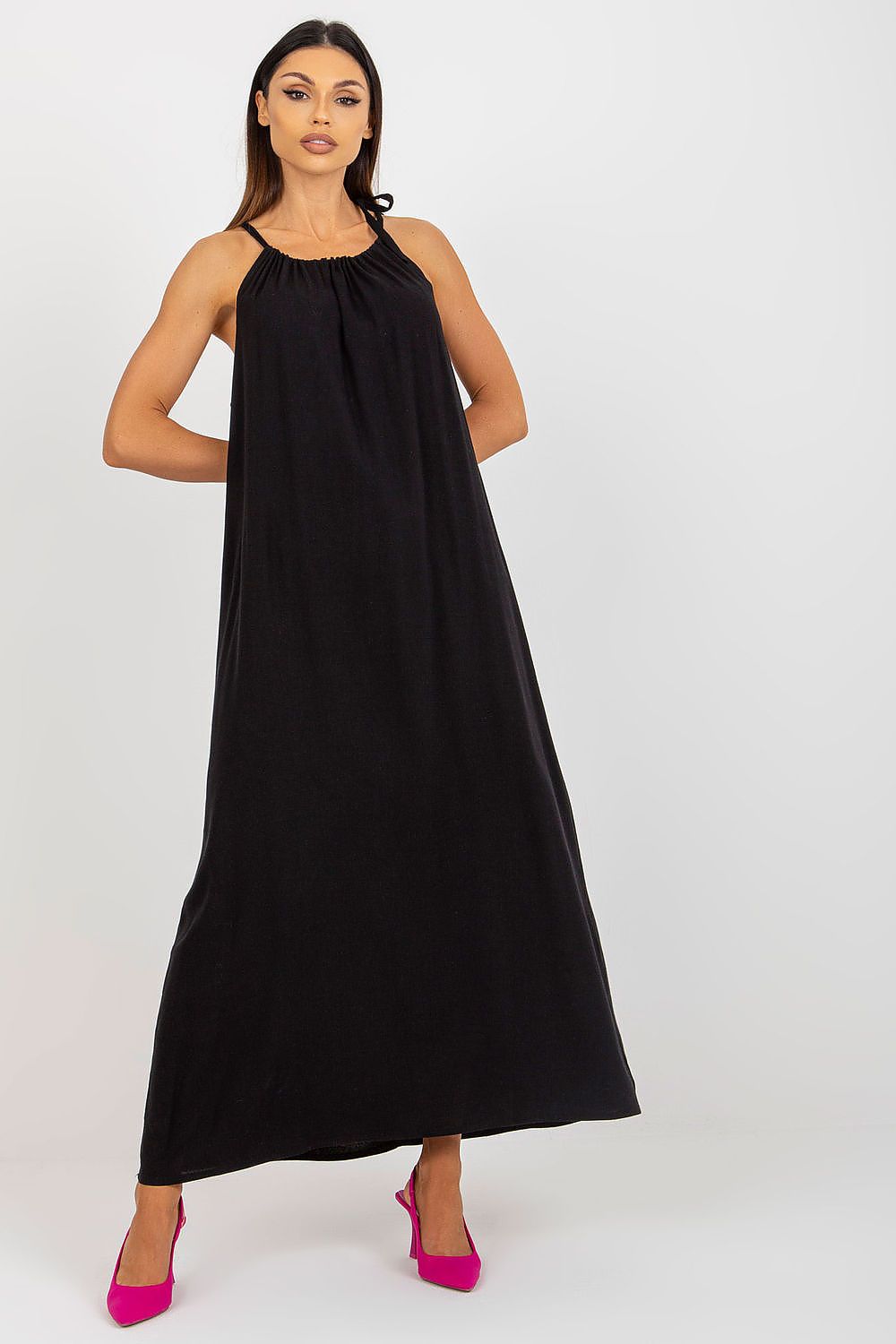 Elegant Och Bella Summer Long Dress with Loose Cut and Tied Straps - Cotton, Linen & Viscose Blend